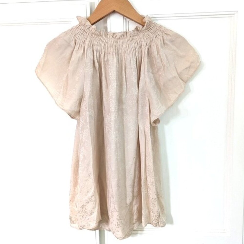 Rebeca Taylor 100% Silk Ruffle Neck Subtle Floral Soft Pink Top Size 4 - Picture 4 of 4